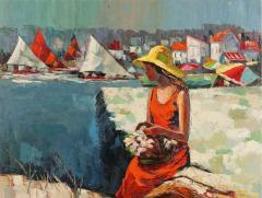 Mid Century Modern Beach Scene Oil Painting by M Morgan - 4464189