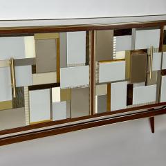 Mid Century Modern Beech Wood Brass Copper Mirrors Murano Art Glass Credenza - 3009402