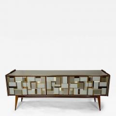 Mid Century Modern Beech Wood Brass Copper Mirrors Murano Art Glass Credenza - 3012206
