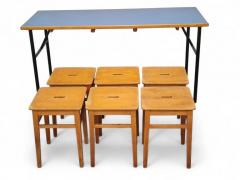 Mid Century Modern Blue Linolium Black Metal Table Six Stools - 3950985