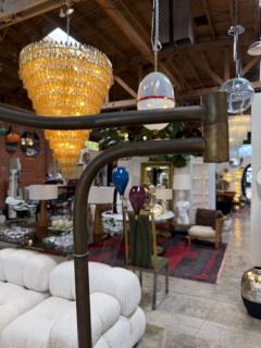 Mid Century Modern Brass Floor Lamp with Fringe Fabric Shade - 4599353