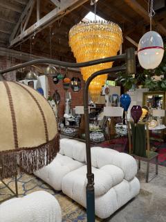 Mid Century Modern Brass Floor Lamp with Fringe Fabric Shade - 4599360