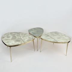 Mid Century Modern Brass Green Murano Art Glass Set of Three Coffee Tables - 3872915