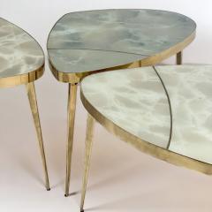 Mid Century Modern Brass Green Murano Art Glass Set of Three Coffee Tables - 3872917