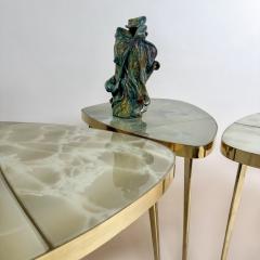 Mid Century Modern Brass Green Murano Art Glass Set of Three Coffee Tables - 3872919