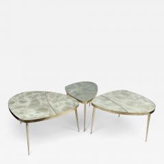 Mid Century Modern Brass Green Murano Art Glass Set of Three Coffee Tables - 3873966