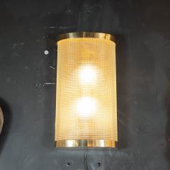 Mid Century Modern Brass Wrapped Sconces with Rectlinear Textured Glass Shades - 1539808