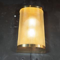 Mid Century Modern Brass Wrapped Sconces with Rectlinear Textured Glass Shades - 1539810