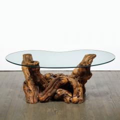 Mid Century Modern Burled Driftwood Cocktail Table with Amorphic Glass Top - 1950191