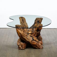 Mid Century Modern Burled Driftwood Cocktail Table with Amorphic Glass Top - 1950205