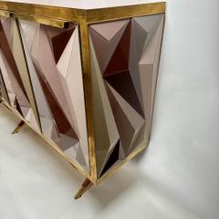 Mid Century Modern Cherry Wood Brass Three Dimensional Opaline Glass Cabinet - 3991257