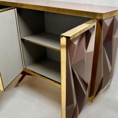 Mid Century Modern Cherry Wood Brass Three Dimensional Opaline Glass Cabinet - 3991258