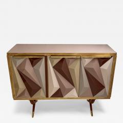 Mid Century Modern Cherry Wood Brass Three Dimensional Opaline Glass Cabinet - 3993455