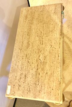 Mid Century Modern Coffee Table Inset Travertine Marble Top and Brass Stretcher - 3000985