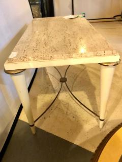 Mid Century Modern Coffee Table Inset Travertine Marble Top and Brass Stretcher - 3000989
