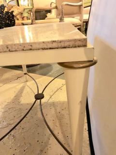 Mid Century Modern Coffee Table Inset Travertine Marble Top and Brass Stretcher - 3000991