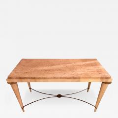 Mid Century Modern Coffee Table Inset Travertine Marble Top and Brass Stretcher - 3018425