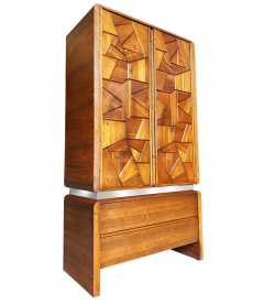 Mid Century Modern Deep Relief Sculpted Front Wardrobe or Tall Dresser in Walnut - 2567648