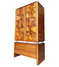 Mid Century Modern Deep Relief Sculpted Front Wardrobe or Tall Dresser in Walnut - 2567649