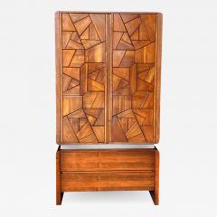 Mid Century Modern Deep Relief Sculpted Front Wardrobe or Tall Dresser in Walnut - 2571835