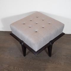 Mid Century Modern Ebonized Walnut and Dove Gray Button Tufted Ottoman - 1522744