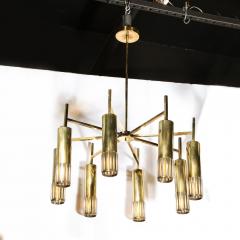 Mid Century Modern Eight Arm Brass Murano Glass Chandelier with Conical Shades - 2220174