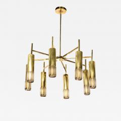 Mid Century Modern Eight Arm Brass Murano Glass Chandelier with Conical Shades - 2222836