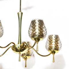 Mid Century Modern Five Arm Brass Smoked Textured Murano Glass Chandelier - 2220049