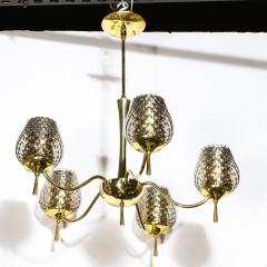 Mid Century Modern Five Arm Brass Smoked Textured Murano Glass Chandelier - 2220051