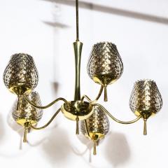 Mid Century Modern Five Arm Brass Smoked Textured Murano Glass Chandelier - 2220052