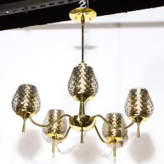 Mid Century Modern Five Arm Brass Smoked Textured Murano Glass Chandelier - 2220061