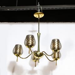 Mid Century Modern Five Arm Brass Smoked Textured Murano Glass Chandelier - 2220063