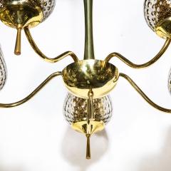 Mid Century Modern Five Arm Brass Smoked Textured Murano Glass Chandelier - 2220064