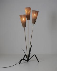 Mid Century Modern Floral Floor Lamp in Black Brass Rattan Finland 1950s - 4649404