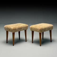 Mid Century Modern Footstools Honey Sheepskin Stained Wood Italy 1950s - 3956989