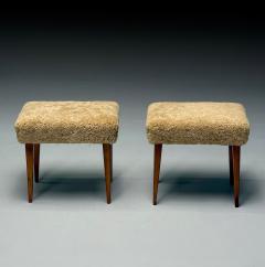 Mid Century Modern Footstools Honey Sheepskin Stained Wood Italy 1950s - 3956990