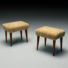 Mid Century Modern Footstools Honey Sheepskin Stained Wood Italy 1950s - 3956991