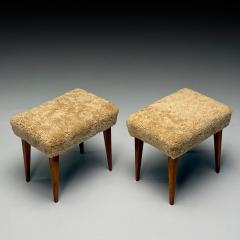 Mid Century Modern Footstools Honey Sheepskin Stained Wood Italy 1950s - 3956992