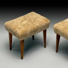 Mid Century Modern Footstools Honey Sheepskin Stained Wood Italy 1950s - 3956993