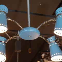 Mid Century Modern Four Arm Chrome and Cerulean Blue Enamel Chandelier - 1459977