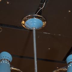 Mid Century Modern Four Arm Chrome and Cerulean Blue Enamel Chandelier - 1459978