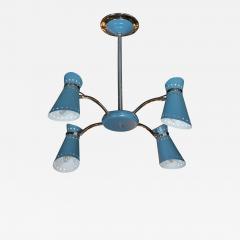 Mid Century Modern Four Arm Chrome and Cerulean Blue Enamel Chandelier - 1462875