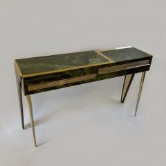 Mid Century Modern Green Artistic Murano Glass Console w Brass Wood Details - 2097992