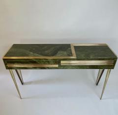 Mid Century Modern Green Artistic Murano Glass Console w Brass Wood Details - 2097994