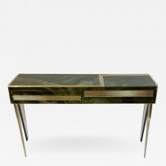 Mid Century Modern Green Artistic Murano Glass Console w Brass Wood Details - 2098858