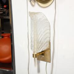 Mid Century Modern Handblown Murano Clear Glass Leaf Sconce w Brass Fittings - 2366037