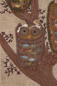 Mid Century Modern Handstitched Owl Embroidered Textile Artwork 1960s - 4113525