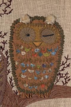 Mid Century Modern Handstitched Owl Embroidered Textile Artwork 1960s - 4113526