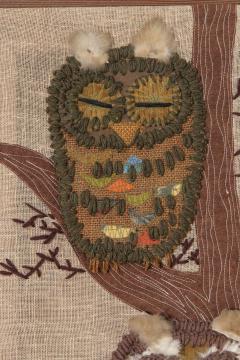 Mid Century Modern Handstitched Owl Embroidered Textile Artwork 1960s - 4113527