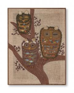 Mid Century Modern Handstitched Owl Embroidered Textile Artwork 1960s - 4115004